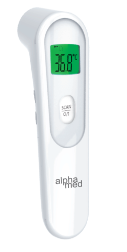 Termometr bezdotykowy Alphamed Thermo One+ model FR840 pokazany od strony wyświetlacza i przycisku, obudowa w kolorze białym
