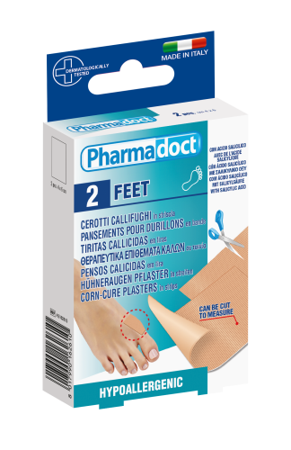 Opakowanie plastrów do cięcia na odciski. Na opakowaniu znajduje się stopa oraz plaster