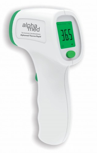 Termometr bezdotykowy Alphamed Thermo Rapid model FR880 pokazany od strony wyświetlacza i przycisku, obudowa w kolorze biało-zielonym. Przyciski w kolorze zielonym