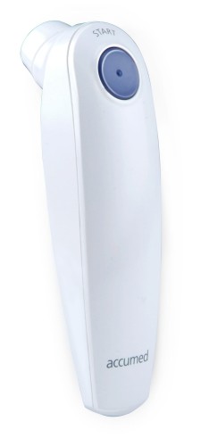 Termometr bezdotykowy Accumed HB500 pokazany od strony przycisku, obudowa w kolorze białym, przycisk niebieski