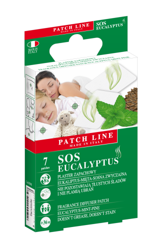 Opakowanie plastrów zapachowych. Na opakowaniu znajduje się śpiąca matka z dzieckiem oraz listki mięty