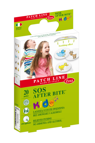 Opakowanie plastrów łagodzących ukąszenia. Na opakowaniu znajduje się rodzina oraz przezroczyste plasterki z nadrukami zwierzątek.