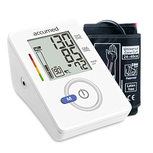 Ciśnieniomierz Accumed AW151f - widok z ukosa na wyświetlacz i przyciski. Z boku umieszczony mankiet