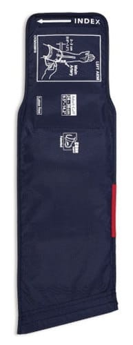 Zdjęcie przedstawia mankiet do ciśnieniomierza z nadrukowaną instrukcją nałożenia go na ramię